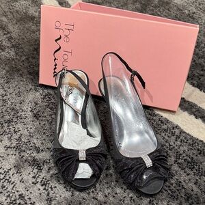 Touch of Nina Black Peep-Toe Heels with Bow and Rhinestone